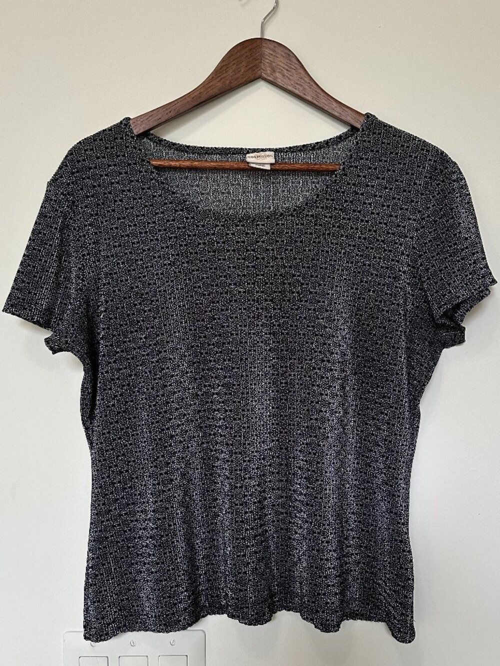 Covington Black White Metallic Shimmer Knit Short Sleeve Top size M 🖤